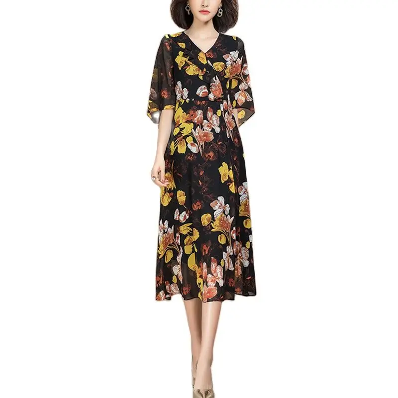 

2021 New Style Summer Flared Sleeves V Collar Women Casual Floral Chiffon Dresses