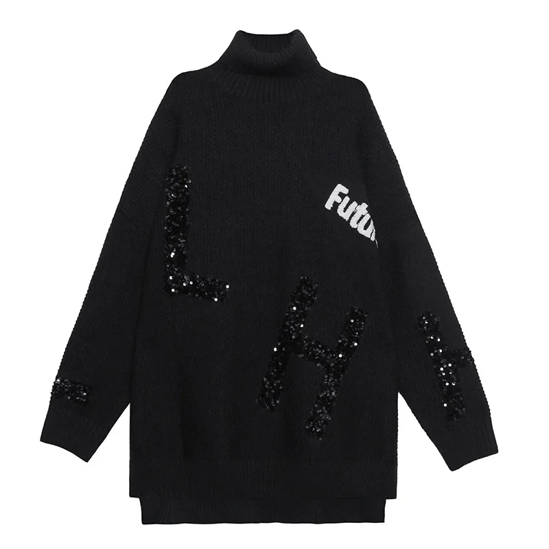 

Vefadisa Black Blue Gray Sequin Letter Irregular Sweater Women 2020 Autumn Winter Plus Size Turtleneck Knitted Coat QYF4737