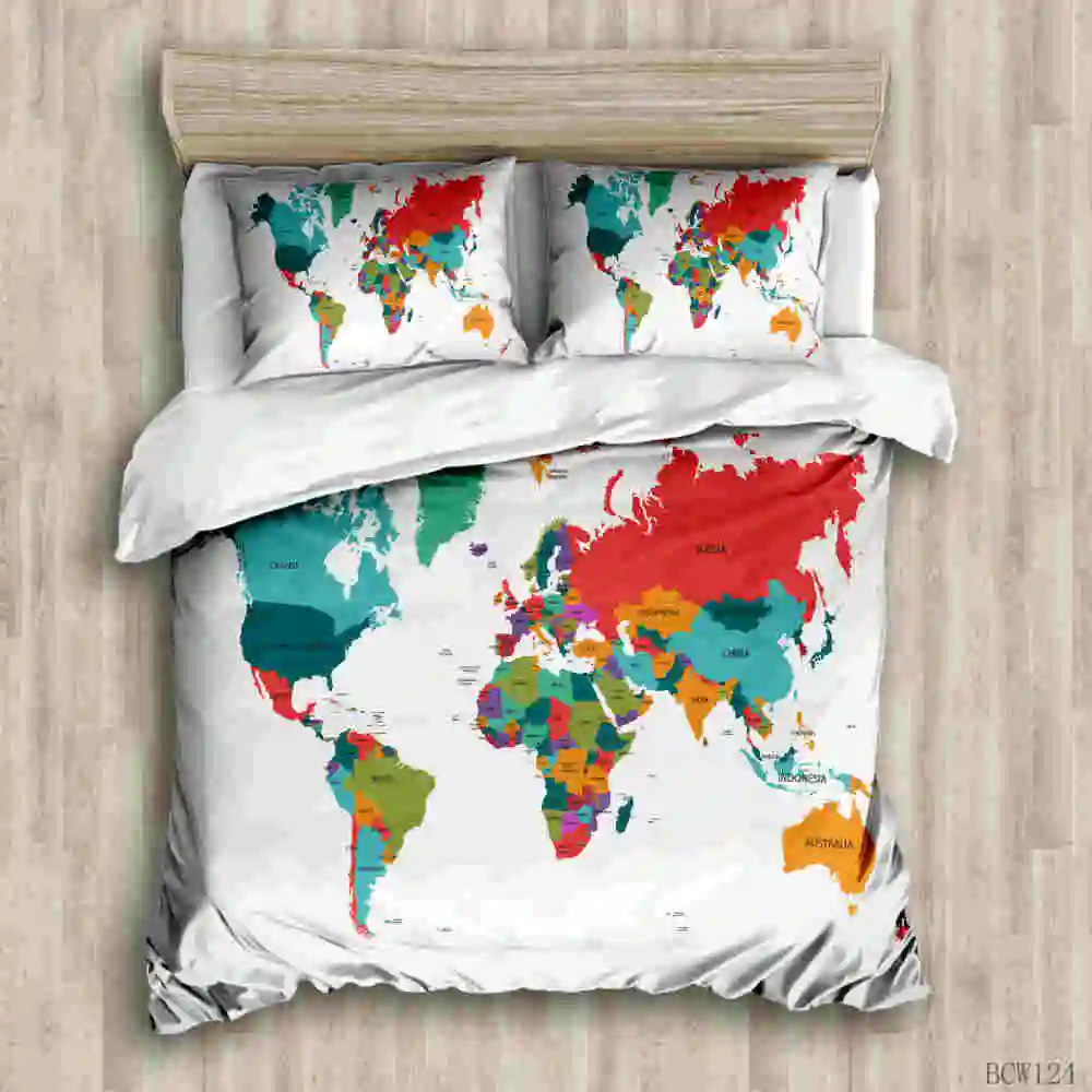 3D Карта мира Комплект постельного белья с ярким принтом синяя кровать