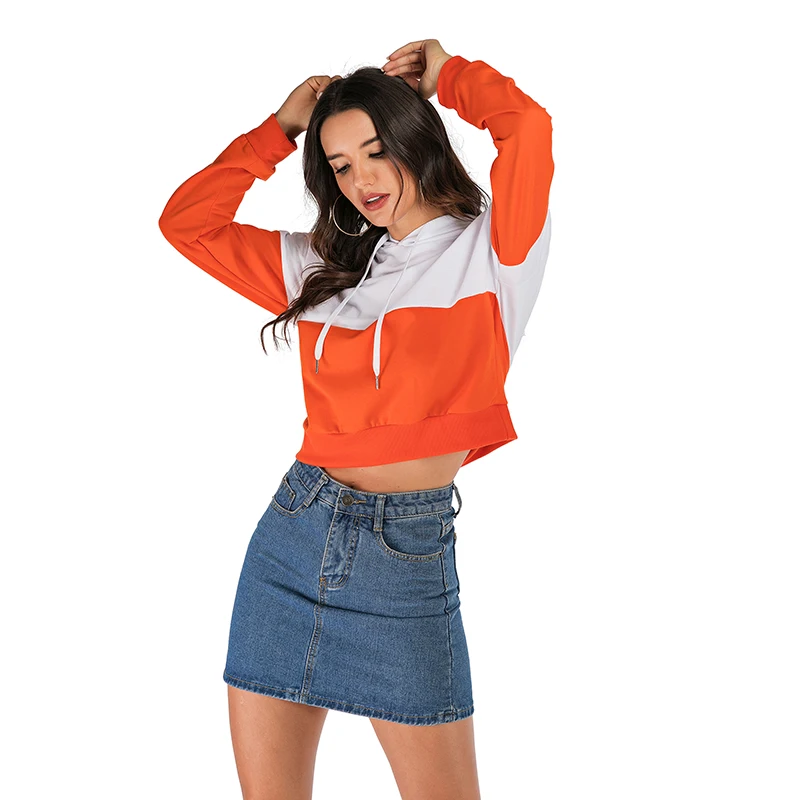 

Women Hoodies Autumn And Winter New Fashion Lady Casual Hooded Stitching Contrast Color Loose Top