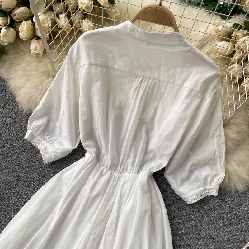 

Women Cotton Slim Solid Dress Fashion V Neck Puff Sleeve Waist Elastic A Line Dress Summer French Style Casual Dress