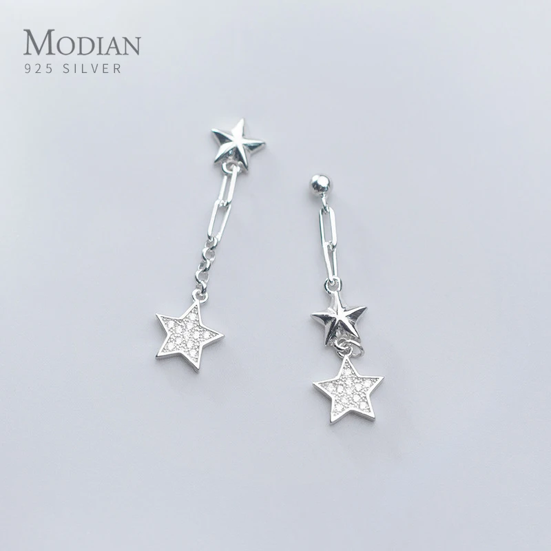 

MODIAN Fashion Stars Asymmetry Drop Earring for Women 925 Sterling Silver Long Chain Pentagram Dangle Earring Fine Jewelry Gift