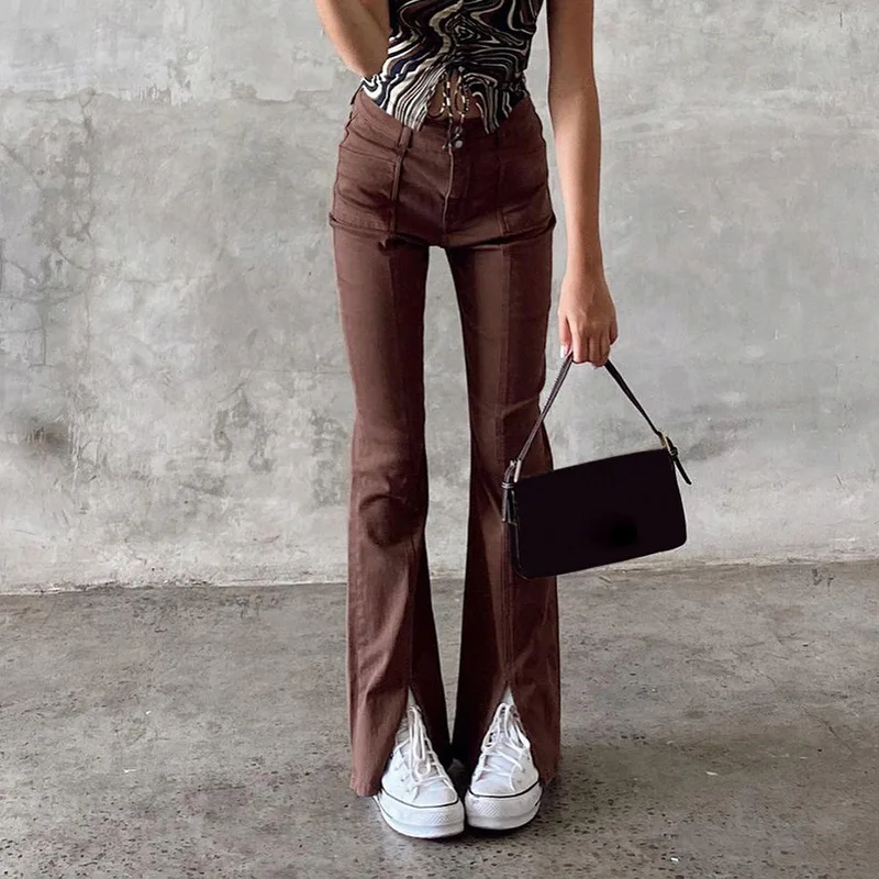 

Y2K Brown Denim Trousers Autumn Vintage Clothes Casual Slit Hem Jeans Women Streetwear Skinny High Waist Flare Pants