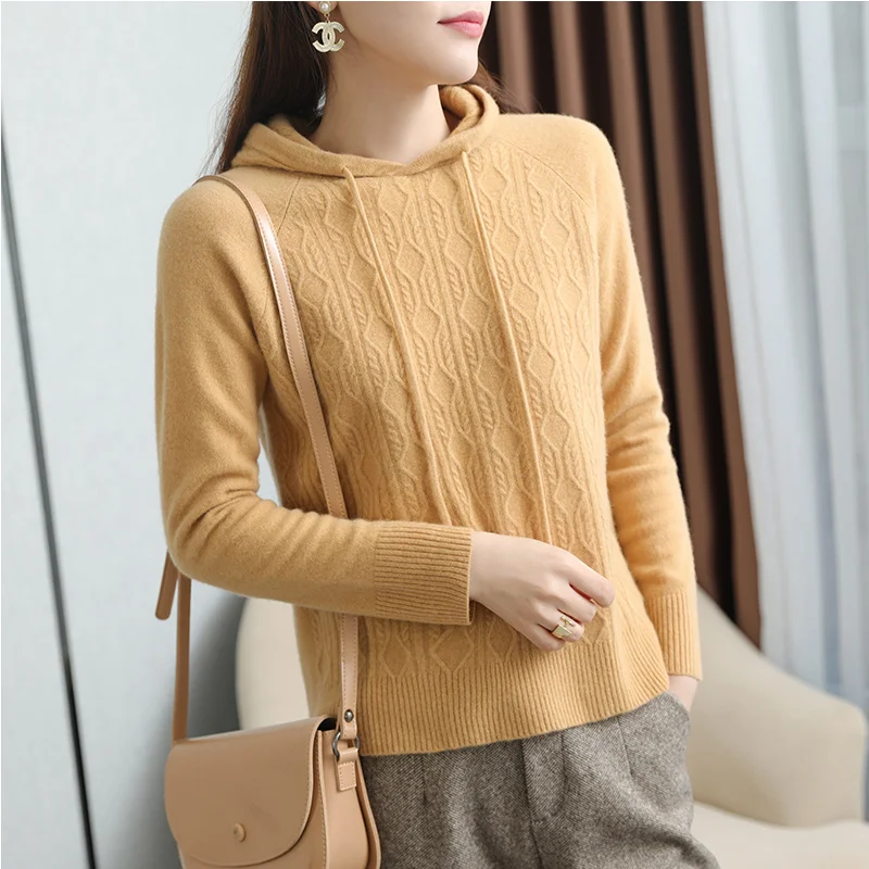 

Осень-зима 2021, женский свитер-худи, вязаные джемперы из 100% чистой шерсти, витые кашемировые пуловеры, топы