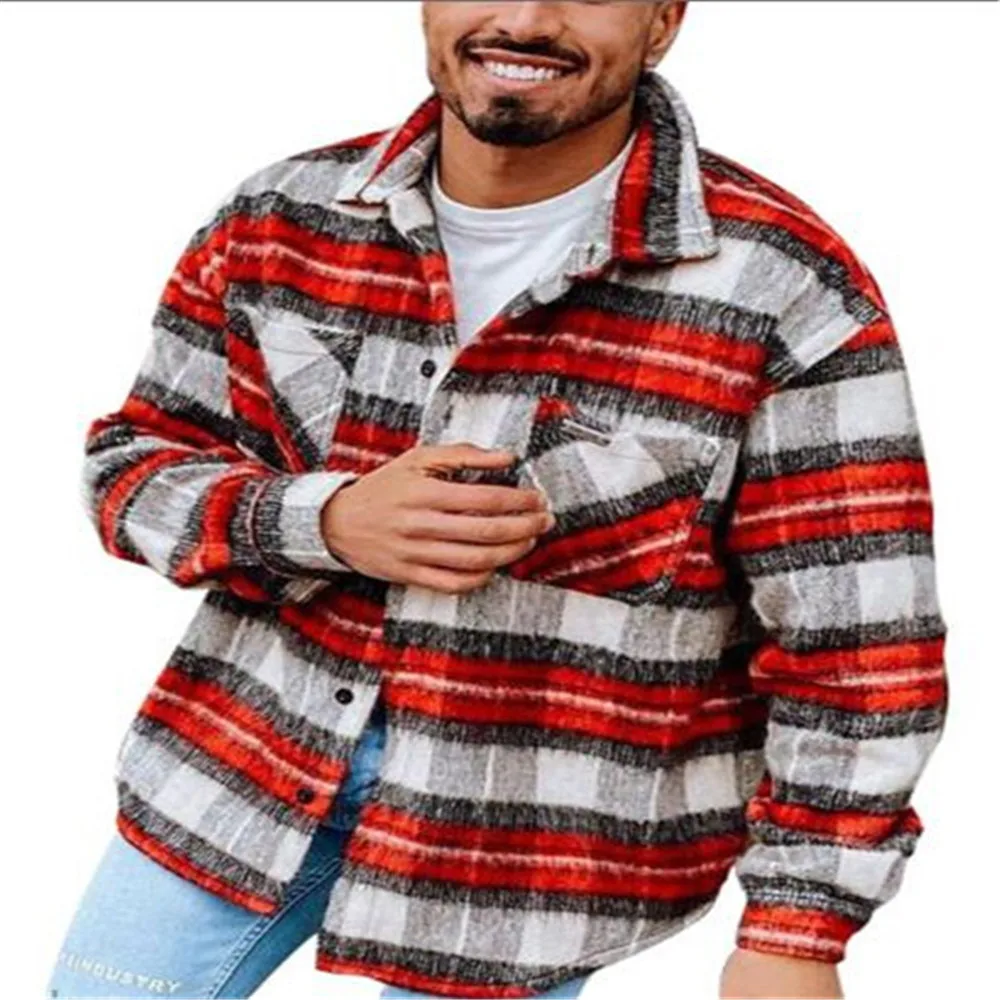 

2021 Spring New European American Youth Men's Jacket Red Plaid Lapel Loose Coat Outerwear Clothes