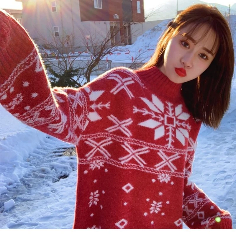 

2021 Winter New Style Very Fairy Tops Wild Half High Collar Foreign Gas Red Hooded Bottoming Christmas Sweater Female Winter