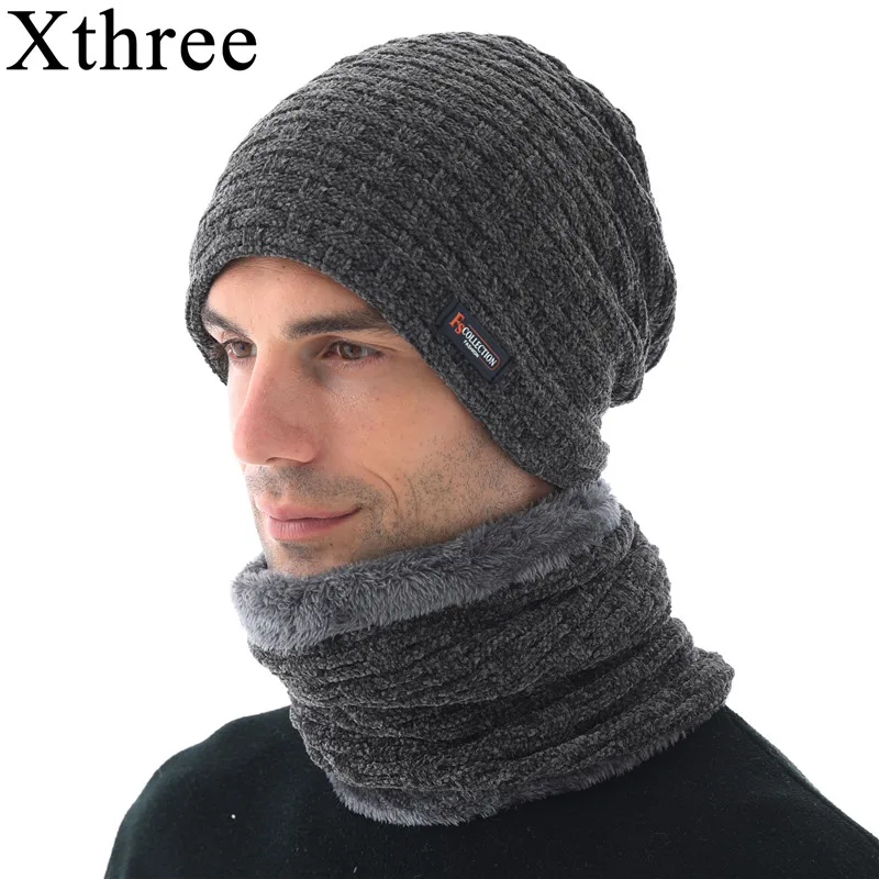 Xthree синель зимняя шапка для мужчин облегающие шапки вязаная шарф с подкладкой