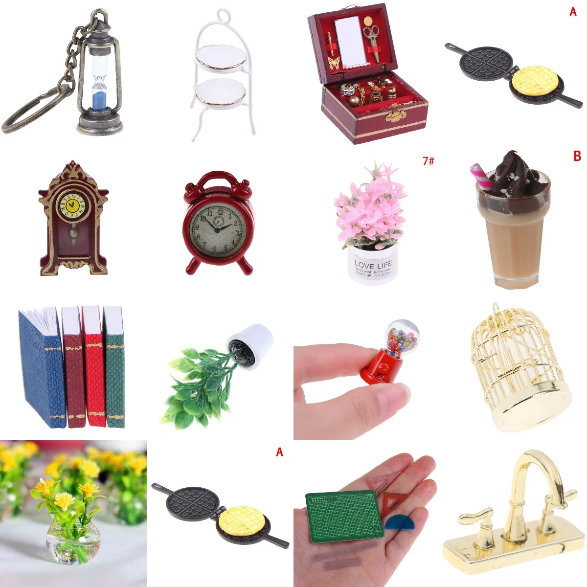 

1pc or 1set Green Potted Plant Bird Cage Trash Can Candy Bottle Milk Tea Clock Dollhouse Furniture Toys Decoration Accessories