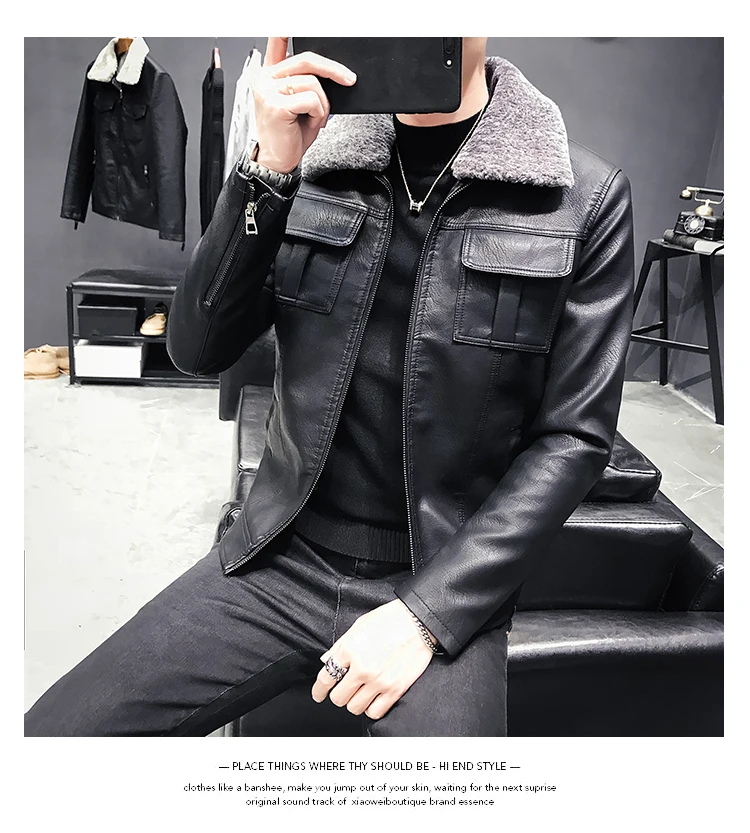 Модные мужские кожаные куртки с меховым воротником Slim Fit Chaqueta Marron Hombre кожаные куртки Мотоциклетные Куртки мужские Deri Ceket