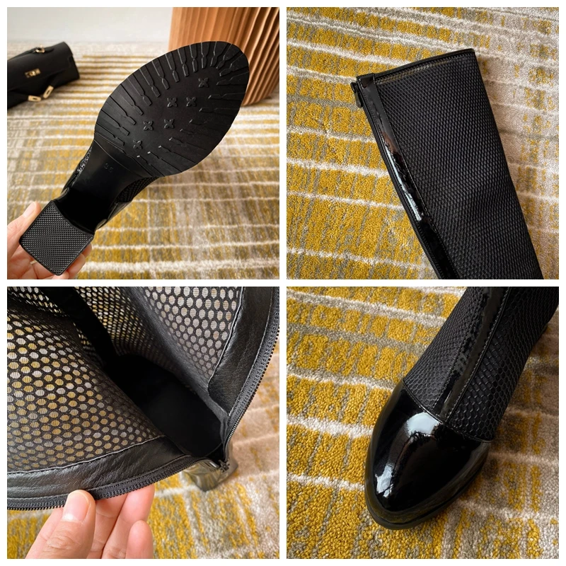 

ORCHALISA Women Knee Boots New 2021 Square Toe 6.5cm Heels Patent Leather Mesh Zip Sexy Big Size 43 Date Club Summer A3376