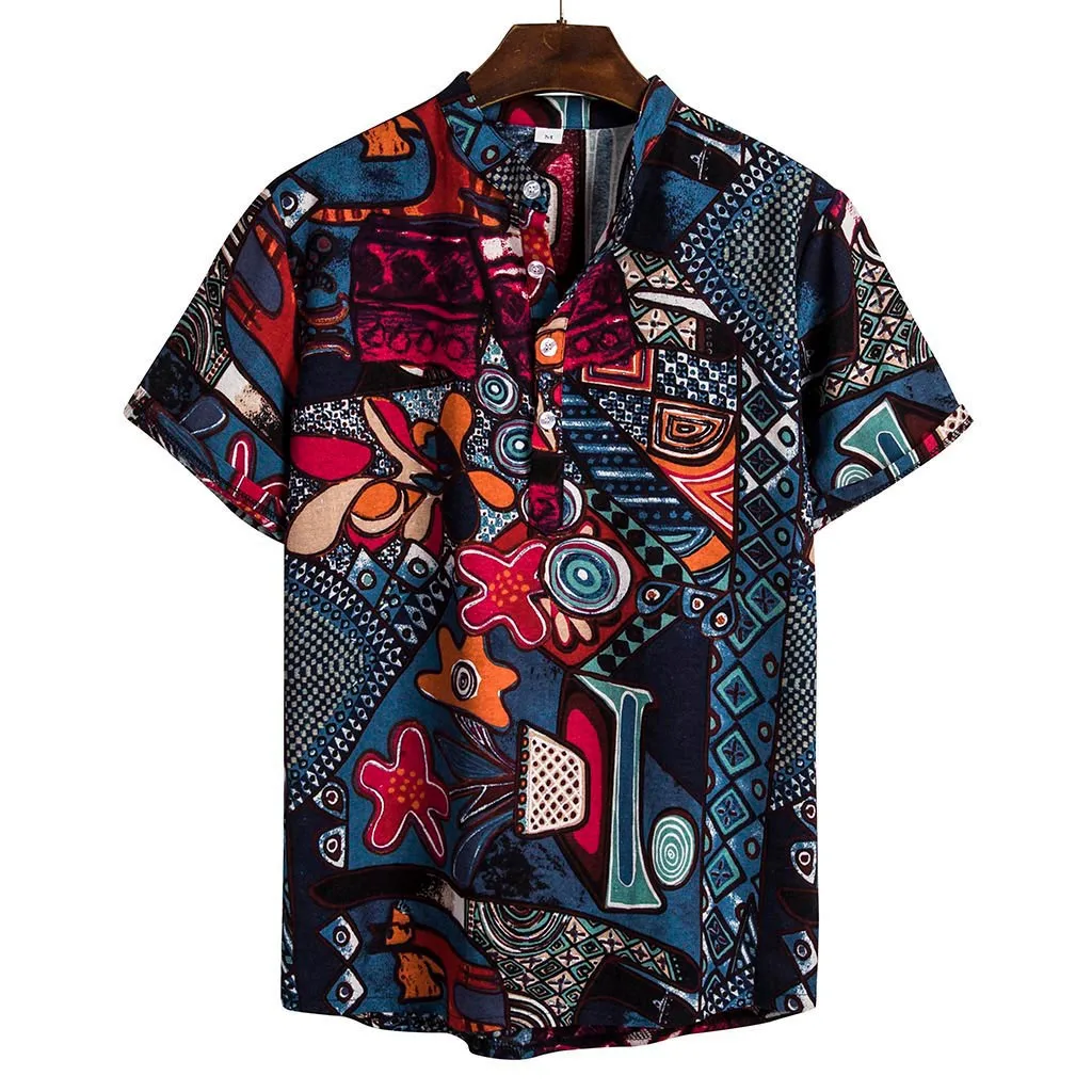 Мужская гавайская рубашка camisa, летняя Этническая Повседневная хлопковая льняная рубашка с коротким рукавом, мужская рубашка chemise homme, уличная одежда W