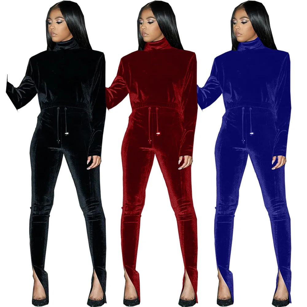 

65TK6058 Autumn Winter Women Casual Fashion Solid Sports Long Sleeve Golden Velvet Two Piece Set Tracksuit Sweatsuit Outfits Hot