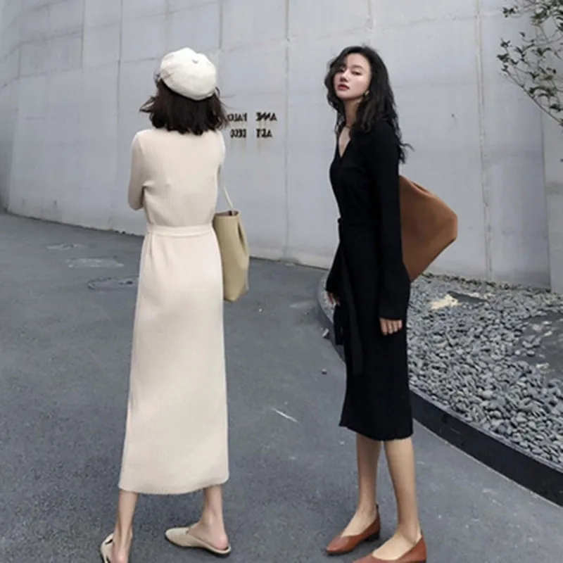 Женское трикотажное платье с v-образным вырезом повседневное теплое элегантное