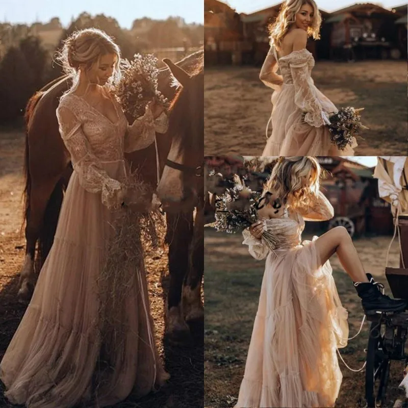 

Vintage Country Western Wedding Dresses 2021 Lace Long Sleeve gypsy Striking Boho Bridal Gowns Hippie Style Abiti da spos