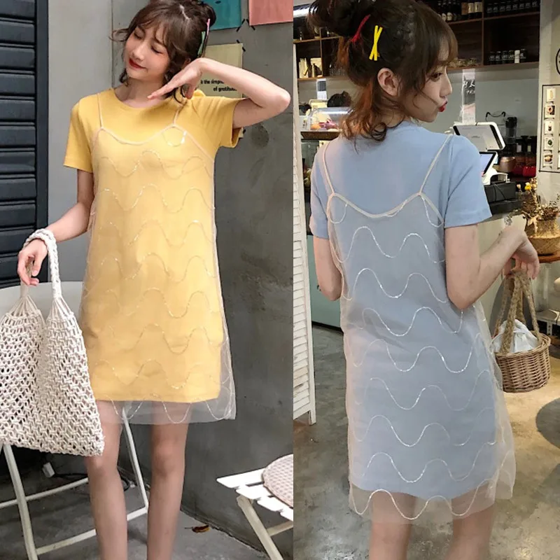 

Summer Women Mesh Dress Suit Crew Neck College Wind Short Sleeve Casual Loose T-Shirt Dress