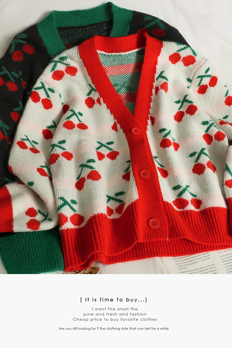 

Autumn 2021 loose and thin long-sleeved sweater Hong Kong style retro contrast color stitching cherry print V-neck sweater women