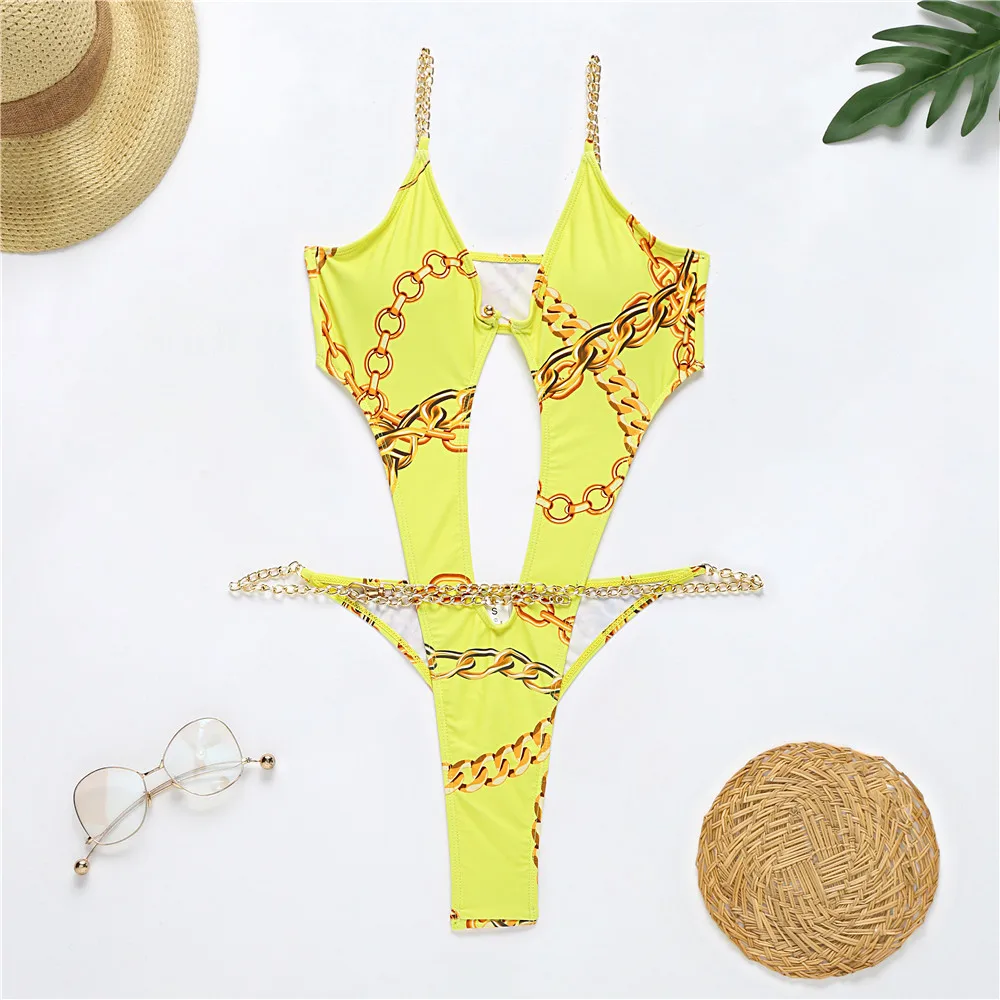 

Swimsuit 2021 New Printed One-piece Bikini Metal Chain Swimsuit