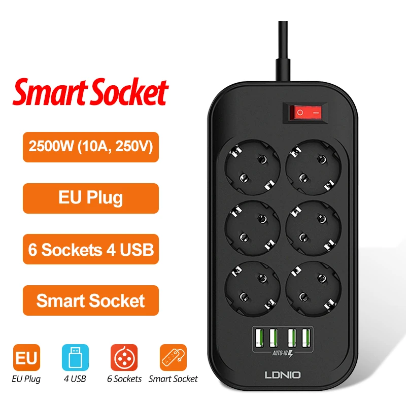 Сетевой фильтр с европейской вилкой USB-порт для зарядки 3 4 А USB-адаптера 6 розеток