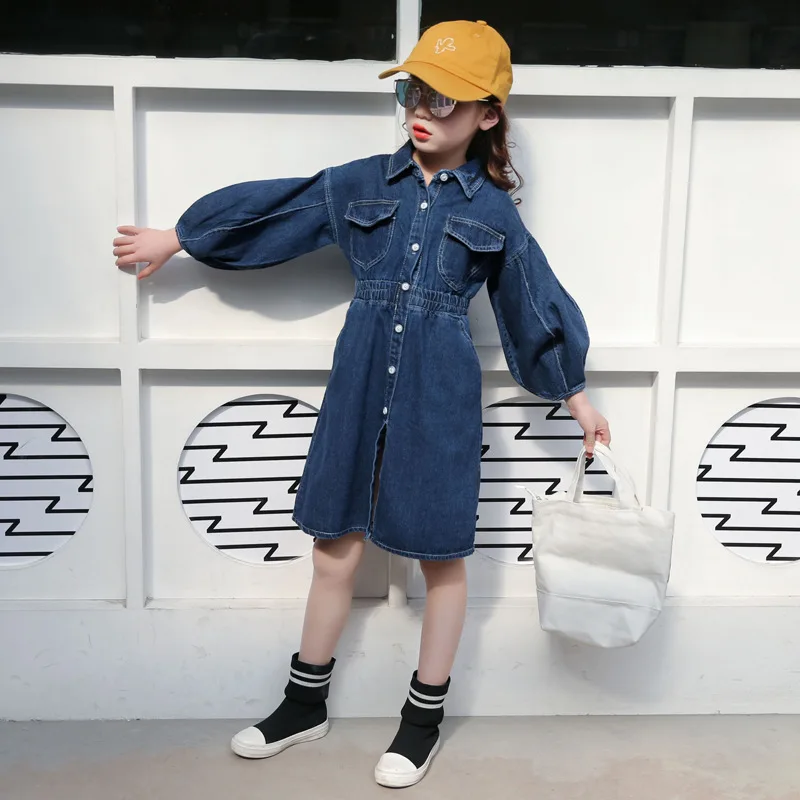 Джинсовое платье с длинными рукавами для девочек От 4 до 12 лет повседневное