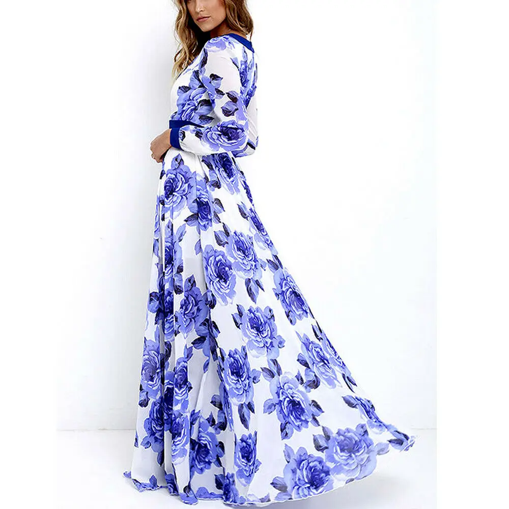 Женский богемный синий цветочный V-образный вырез вечерний Летний Пляжный модный