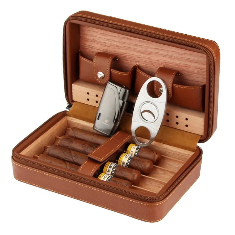 

Portable Cedar Wood Cigar Humidor Box Leather Wrap Travel Cigar Cigarette Case Storage 4 Cigars Box Humidor Humidifier for Sigar
