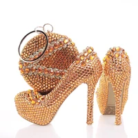 womens shoes bridal orange crystal wedding high heels platform ladies round toe thin heels party shoes and bag set