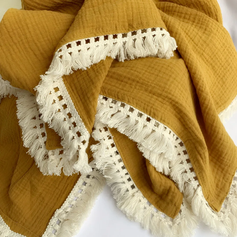 Cotton Muslin Baby Blankets Newborn Swaddle Wrap Blanket Tassel Cotton Baby Receiving Blanket Infant Sleeping Quilt Bed Cover