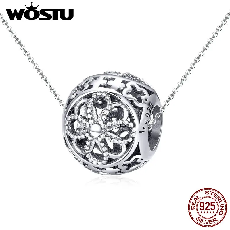 WOSTU Аутентичные 925 пробы серебряные Винтажные Цветы ажурные бусины амулеты