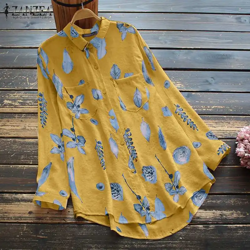 

Vintage High Low Work Tops Spring Bohemian Printed Shirts ZANZEA Women Casual Lapel Long Sleeve Blouse OL Floral Chemise Female