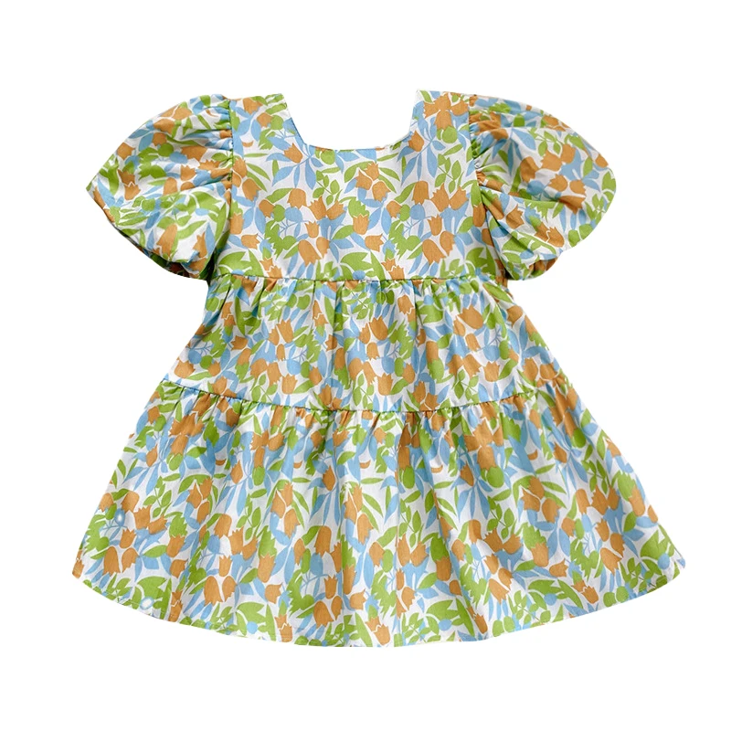 

New Korean Style Floral Square Neck Puff Sleeve Princess Dress with Leaky Back Toddler Girl Fall Clothes 2022 Dress for Girls