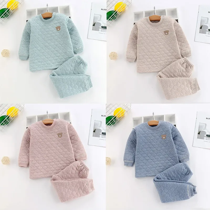 

Children's pajamas Set Boys Girls Autumn Winter Cartoon Bear Pattern Tops Pants set home Wear Three-layer Thermal Underwer set