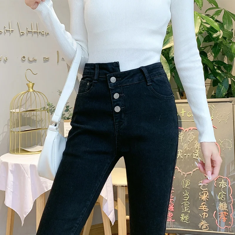 Новинка 2021 женские джинсы укороченные ботинки черные облегающие осенние брюки