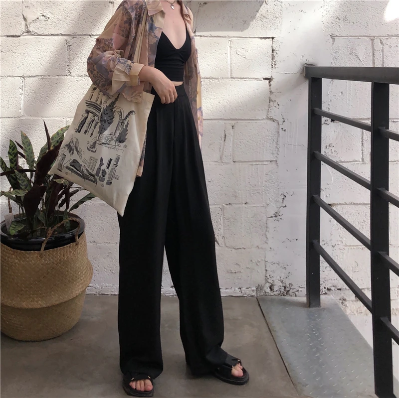 

ZCSMLL Mopping Pants Women's High Waist Slimming Casual Suit Pants Loose Straight Pants Black Wide-leg Pants 2021 Spring Summer