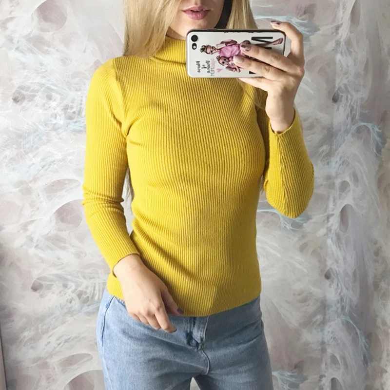 Женский свитер с высоким воротом OUMENGKA облегающий короткий длинными рукавами в