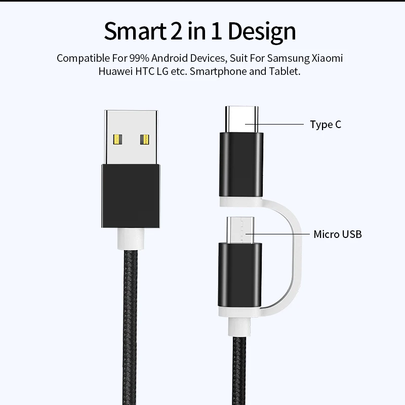 Udyr 2 в 1 USB кабель Micro Type C для Samsung S10 Huawei Xiaomi Oneplus быстрая зарядка нейлоновая оплетка