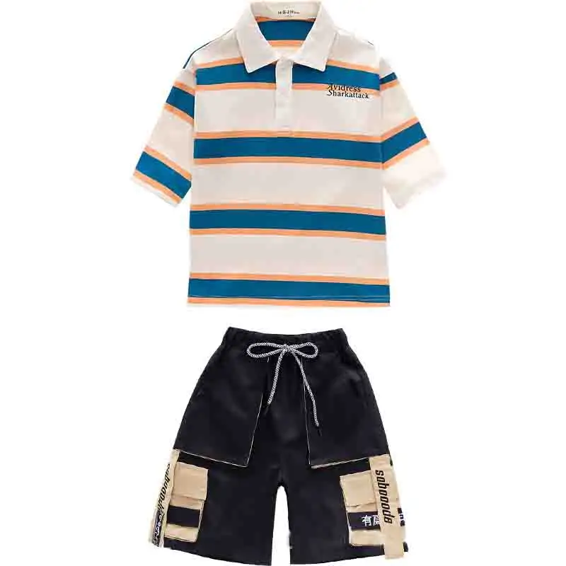 

Hip Hop Clothing Kids Jazz Dance Costumes Children Clothes Boys Ballroom Dance Clothes Striped Top Shorts Rave Outfits XS1442