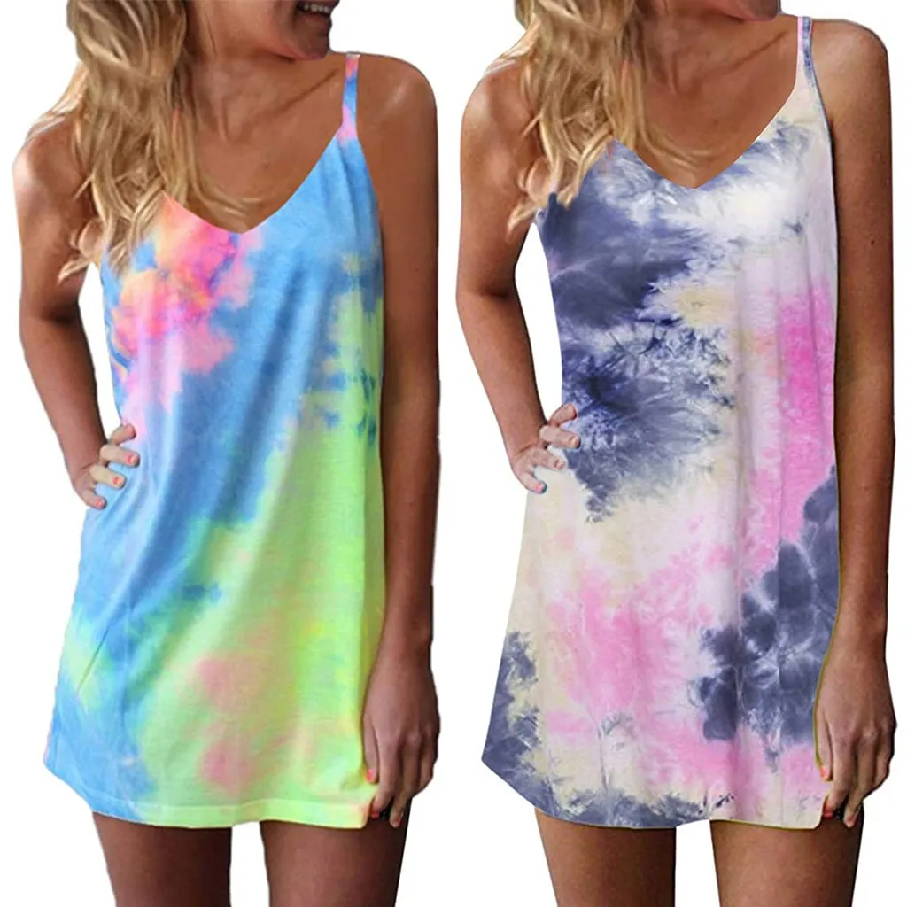 

Dresses For Women 2021 Women's Tie-dye Gradient Sleeveless Adjustable Strappy Summer Beach Swing Dress Vestidos De Mujer Casual