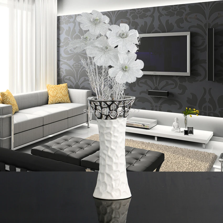 Керамическая ваза белая Серебряная ажурная для цветов Европейский Декор