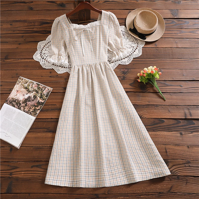 

New summer plaid dress mori girl short sleeve sweet dress