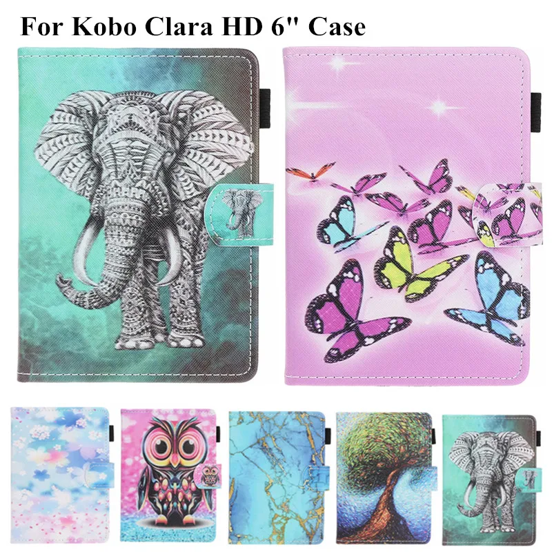 

For Kobo Clara Cover 6 inch Cute Owl Elephant Painted Magnetic Case for Funda ebook Kobo Clara HD Cover with Auto Sleep/Wake