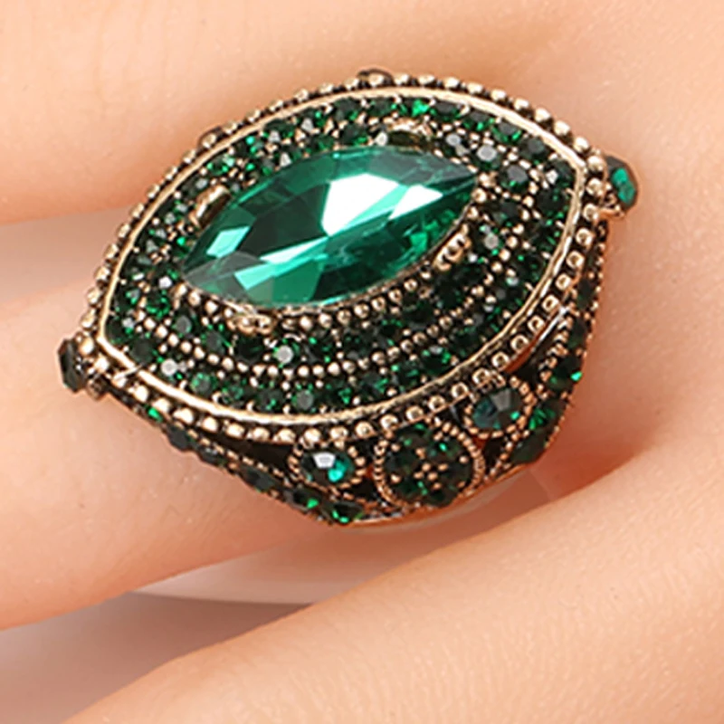 

new fashion Luxury Antique Ring For Women Vintage Look AAA Green Crystal Boho Jewelry Gold Color Charm Ethnic Wedding Ring