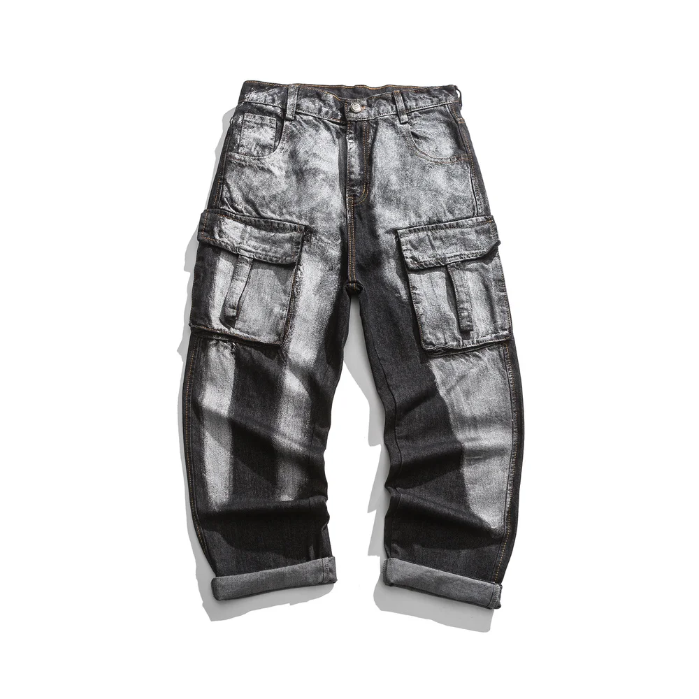 

Painted Workwear Straight Jeans Men 2021 Spring Streetwear Denim Cargo Pants Patchwork Pockets Harajuku Jeans Trousers Joggers