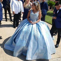 beautiful blue princess quinceanera dresses v neck lace appliques beaded sequined satin junior girls birthday party dress