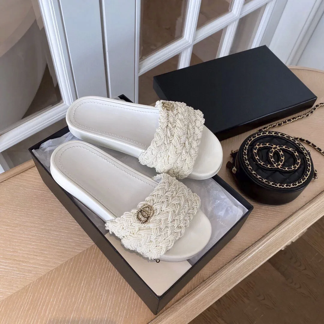 

cool slippers new summer women's net red flat bottom pearl slippers in 2020