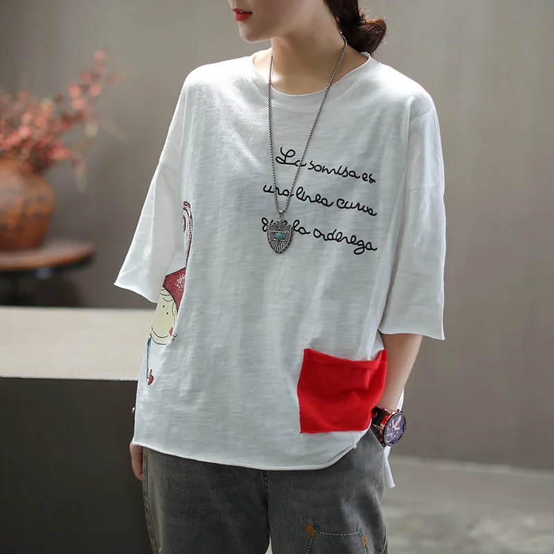 2020 Summer T-shirt Women Loose All-match Tops New O-Neck Short Sleeve Patchwork Print Character Casual Ladies | Женская одежда