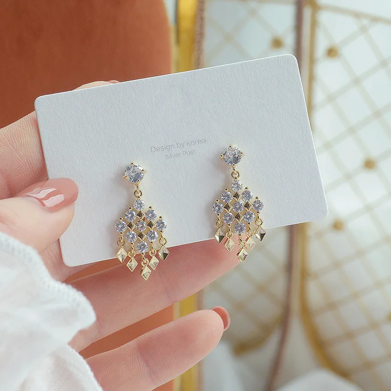 

2021 new arrival 14K real gold plated geometric tassel stud earrings for women luxury jewelry zircon earrings