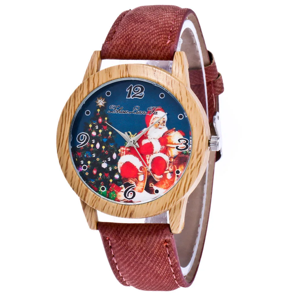 

Children Quartz Watch Leather Strap Cartoon Santa Claus Christmas Gift Digital Pattern Imitation Wood Alloy Dial Kids Watches