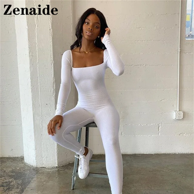 

Zenaide 2021 Autumn Black Square Neck Sexy Long Sleeve Jumpsuit Women White Fashion Backless Y2K Fitness Basic Bodycon Overalls