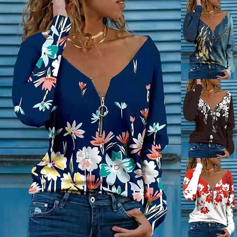 

Autumn Spring Women Floral Printed Zipper Blouses Women's Fashion Long Sleeve V Neck T-shirts Casual Ladies Streetwear Top S-5XL