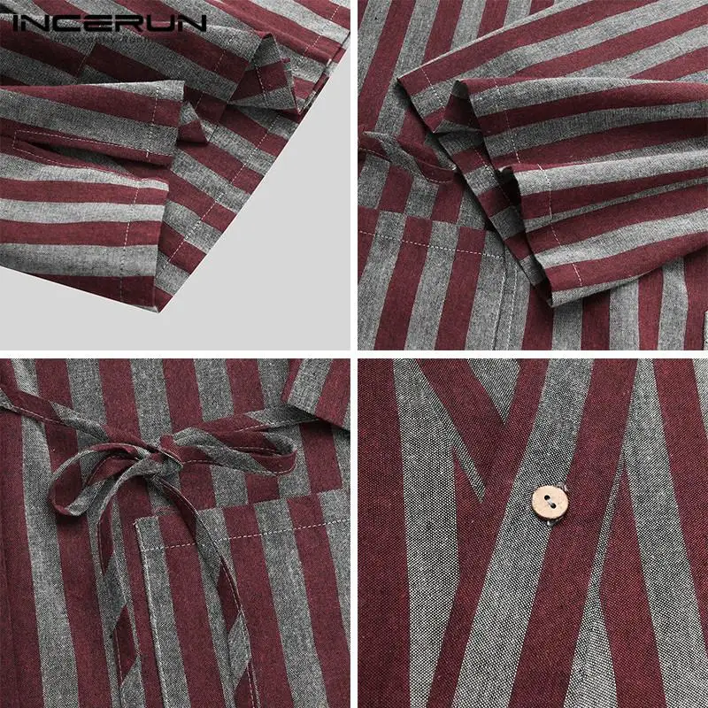 

Man Kimono Sleepwear Sets INCERUN Men Leisure Striped Pajama Sets 3/4 Sleeve Lace Up Tops Drawstring Trousers Homewear Suits 5XL